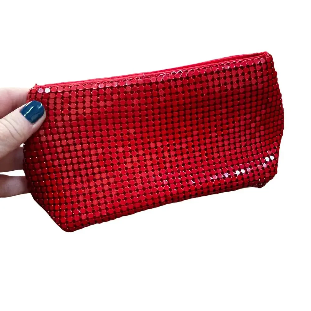 Christina Aquilera red metal mesh wallet pouch evening bag zip top mini purse